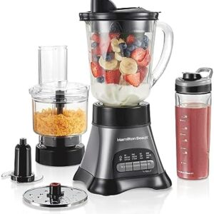 Hamilton Beach Blender for Shakes and Smoothies & Food Processor Combo, With 40oz Glass Jar, Portable Blend-In Travel Cup & 3 Cup Electric Food Chopper Attachment, 700 Watts, Gray & Black (58163)