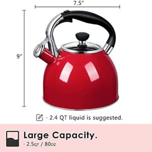 Rorence Whistling Tea Kettle 2.5 Quart Stainless Steel Kettle with Capsule Bottom & Heat-resistant Glass Lid (Red)
