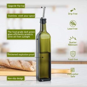 AOZITA [2 PACK] 17 oz Glass Olive Oil Dispenser Bottle Set – 500ml Dark Green Oil & Vinegar Cruet Bottle with Pourers, Funnel and Labels – Olive Oil Carafe Decanter for Kitchen