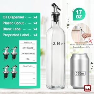 GMISUN Oil Dispenser for Kitchen, 4Pack Oil Bottles for Kitchen, 17oz Cooking Oil Dispenser Bottle, Glass Oil Container with Plastic Pourer, Oil Cruet with Plastic Funnel and Labels for Vegetable