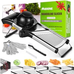 MIDONE Mandoline Slicer – Adjustable Mandoline Slicer for Kitchen, Stainless Steel Mandoline Food Slicer, Mandolin, Potato Slicer, Tomato Slicer with Cut-Resistant Gloves & Cleaning Brush