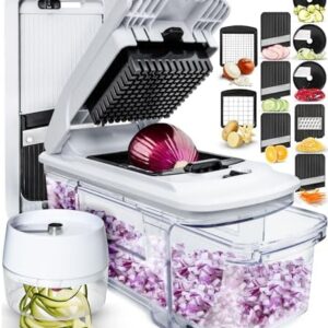 Fullstar All-in-1 Vegetable Chopper, Mandoline Slicer & Cheese Grater – French Fry Cutter & Veggie Dicer – Cheese Slicer – Includes Bonus Handheld Spiralizer (6 in 1, Black/White)