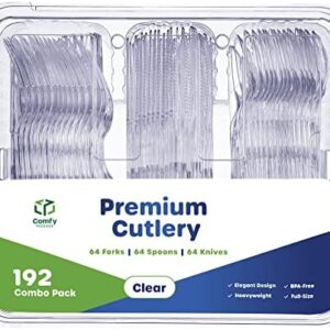 Comfy Package [192 Combo Pack] Premium Heavyweight Disposable Clear Plastic Silverware – 64 Forks, 64 Spoons, 64 Knives, plastic utensils, Cutlery Set for Parties, Events, and Catering