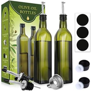 AOZITA [2 PACK] 17 oz Glass Olive Oil Dispenser Bottle Set – 500ml Dark Green Oil & Vinegar Cruet Bottle with Pourers, Funnel and Labels – Olive Oil Carafe Decanter for Kitchen