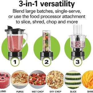 Hamilton Beach Blender for Shakes and Smoothies & Food Processor Combo, With 40oz Glass Jar, Portable Blend-In Travel Cup & 3 Cup Electric Food Chopper Attachment, 700 Watts, Gray & Black (58163)