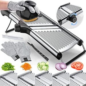 Gramercy Adjustable Mandoline Food Slicer, Mandoline Slicer for Kitchen, Mandolin, Potato Slicer, Tomato Slicer, Carrot Slicer, Onion Slicer – Stainless Steel – INCLUDING One Pair Cut-Resistant Gloves